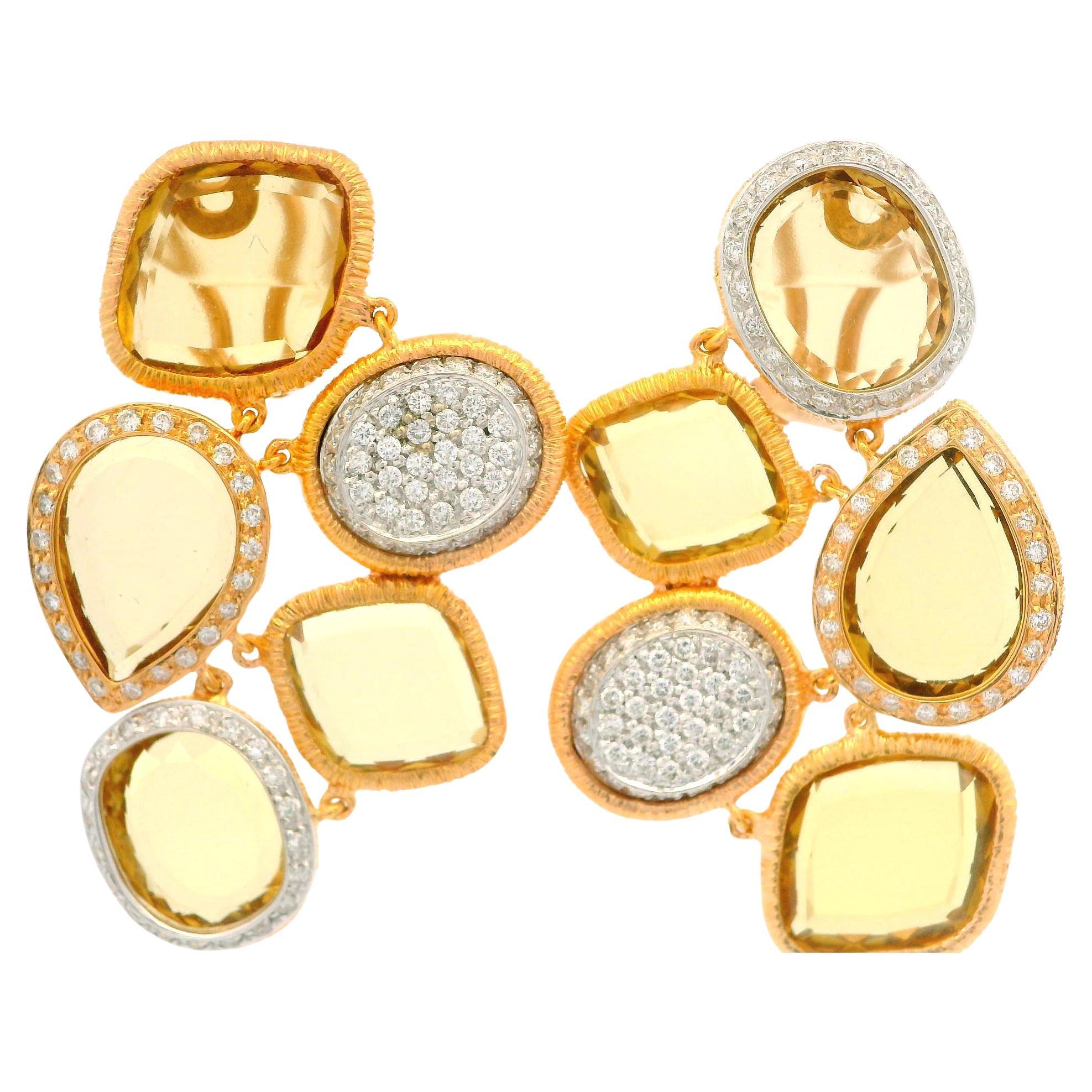 Pendientes colgantes flexibles con textura de citrino y diamantes en oro bicolor de 18k