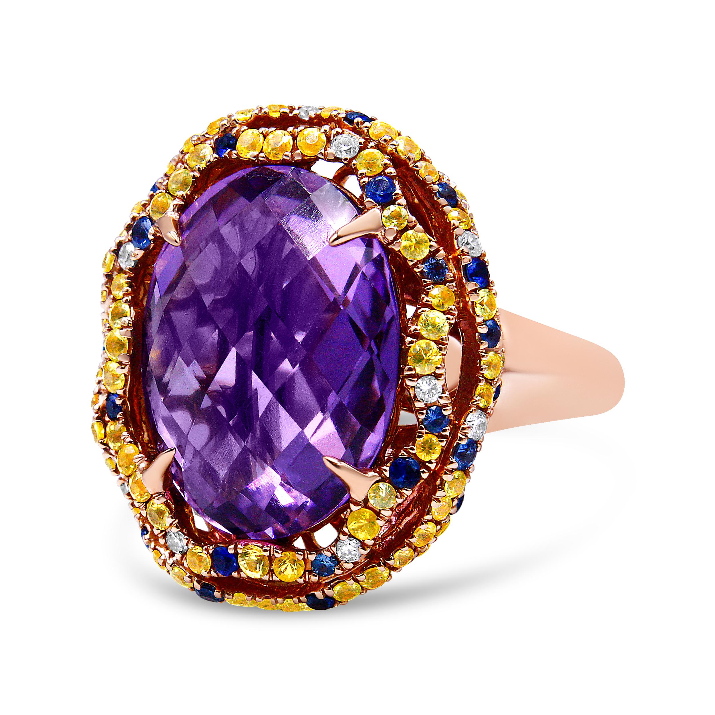 There are no words to truly describe this vividly colorful ring set in 18K Yellow and Rose Gold. The ring starts with a masterfully cut, checkboard purple amethyst set with 4 claw prongs. This magnificent purple stone measures 12mm x 11mm and gives