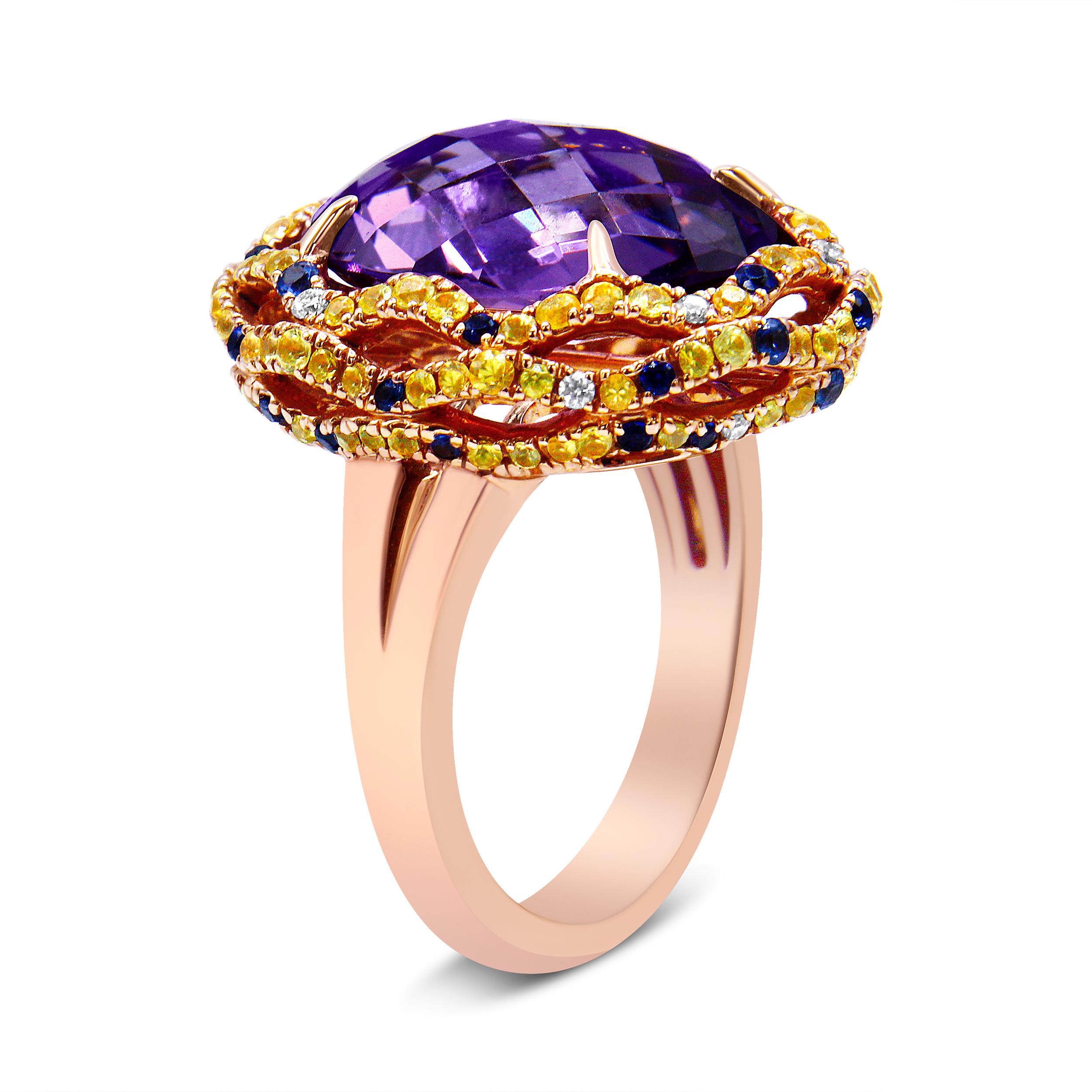 Contemporary 18K Two-Tone Gold Purple Amethyst, Blue & Yellow Sapphire, Diamond Cocktail Ring For Sale