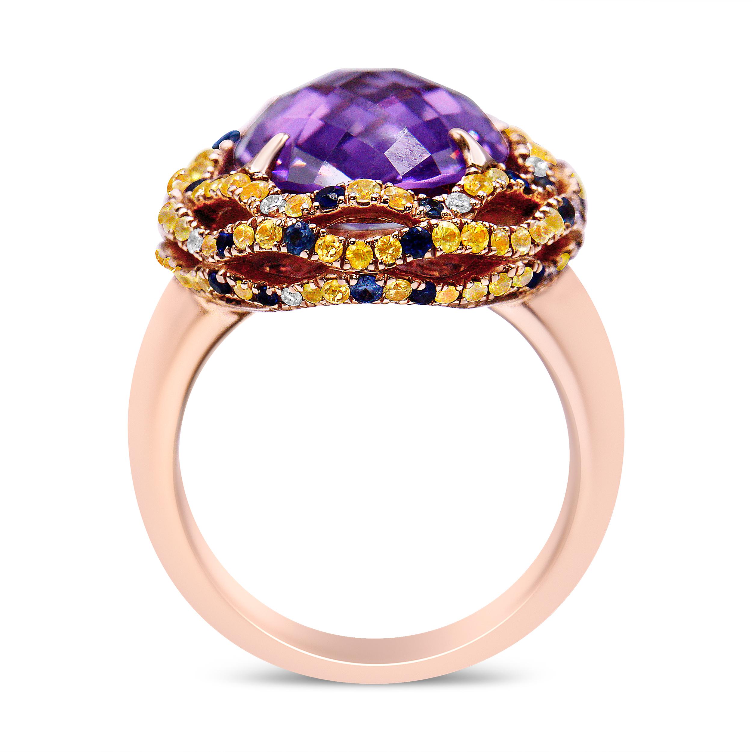 Round Cut 18K Two-Tone Gold Purple Amethyst, Blue & Yellow Sapphire, Diamond Cocktail Ring For Sale