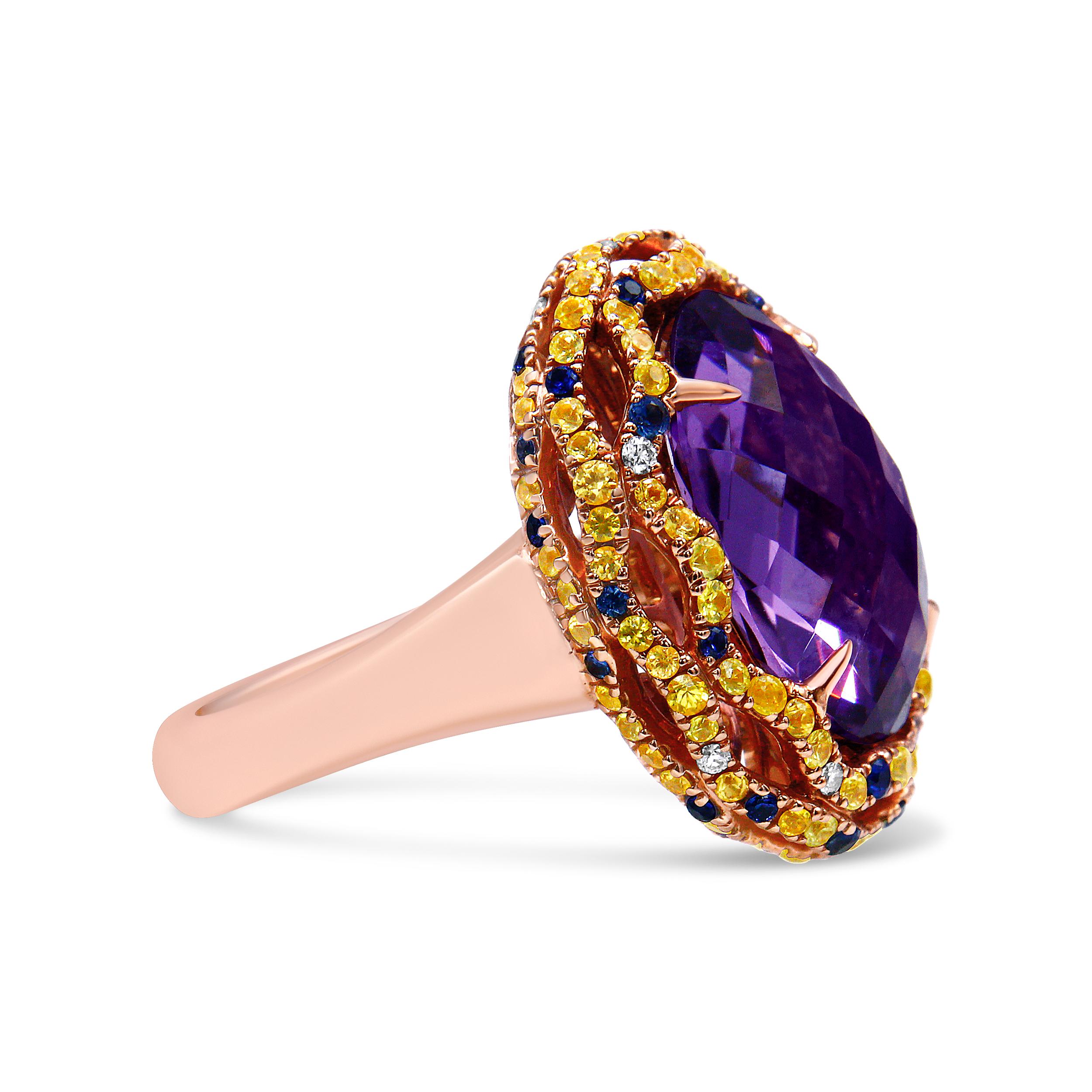 Round Cut 18K Two-Tone Gold Purple Amethyst, Blue & Yellow Sapphire, Diamond Cocktail Ring For Sale