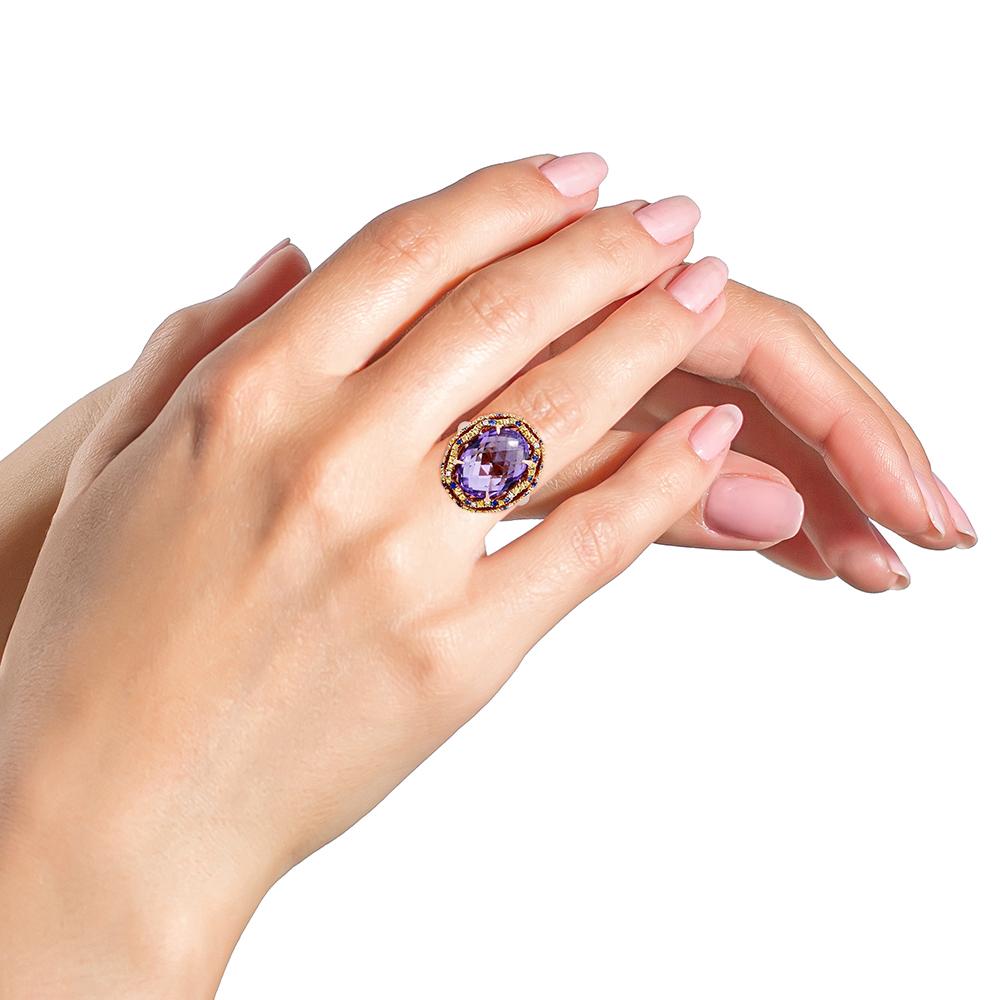 Women's 18K Two-Tone Gold Purple Amethyst, Blue & Yellow Sapphire, Diamond Cocktail Ring For Sale