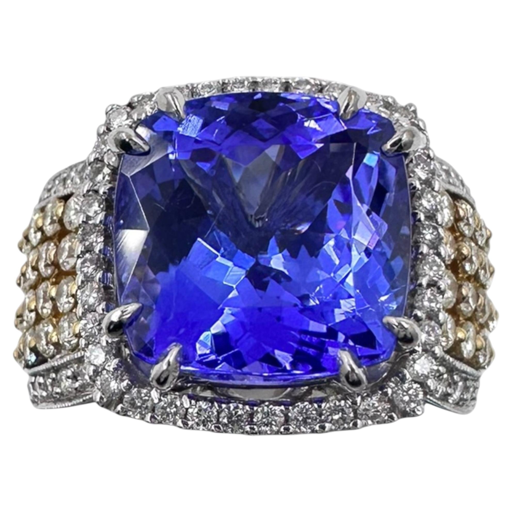 18K Two Tone Gold Ring with 10.02Ct. Tanzanite and Diamonds 2.04 Ct. (Size 7.50)