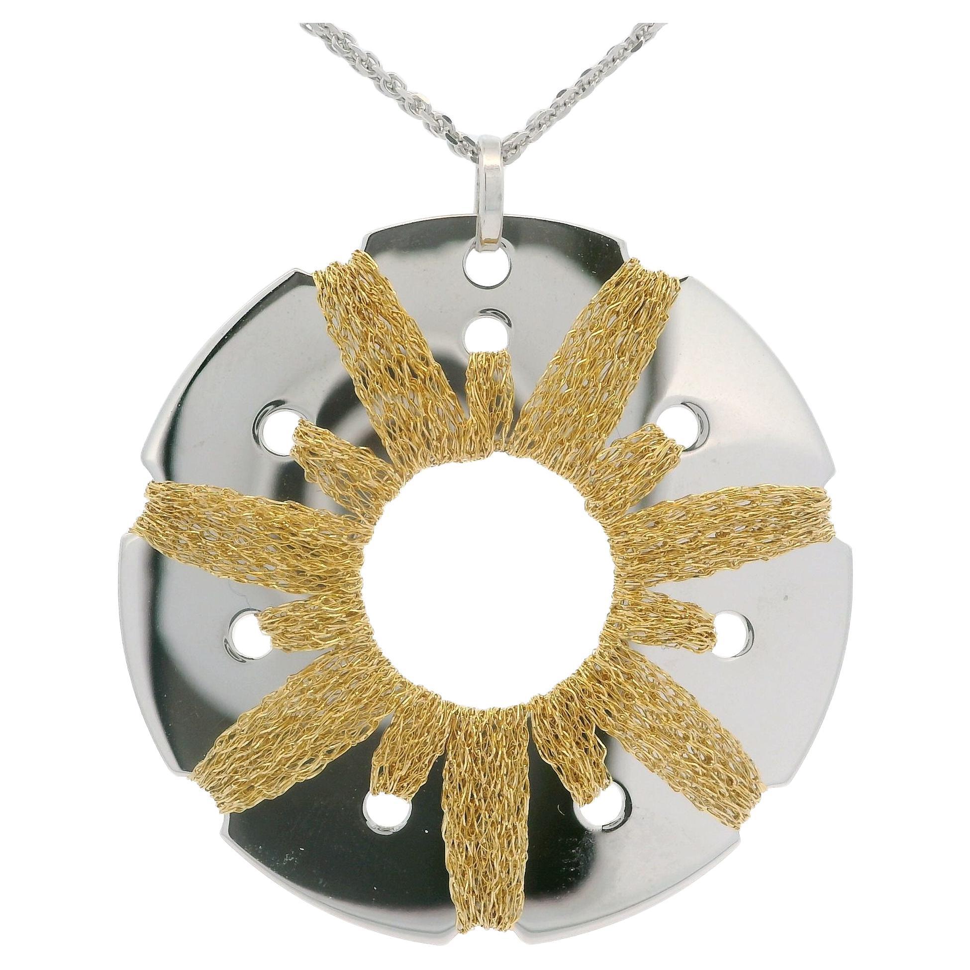 18k Two Tone Gold Round Disk Sun Pendant Wrapped Chain 18" Double Link Necklace