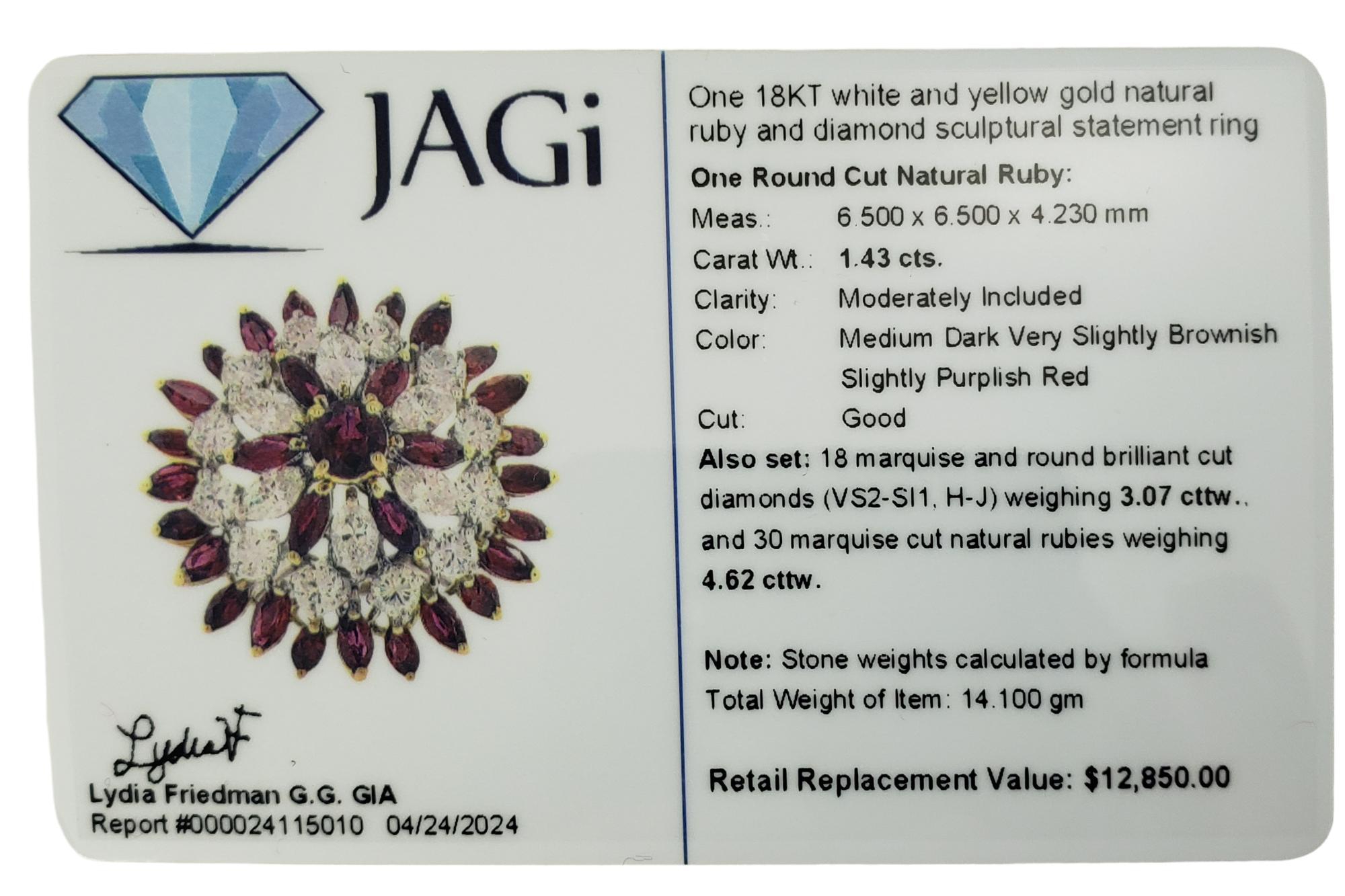 Anello in oro bicolore 18K con rubini e diamanti a grappolo, misura 6  #17354 in vendita 4