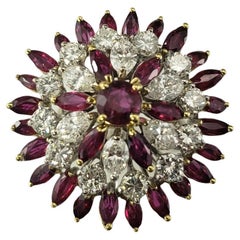18K Two Tone Gold Ruby & Diamond Cluster Ring Size 6  #17354