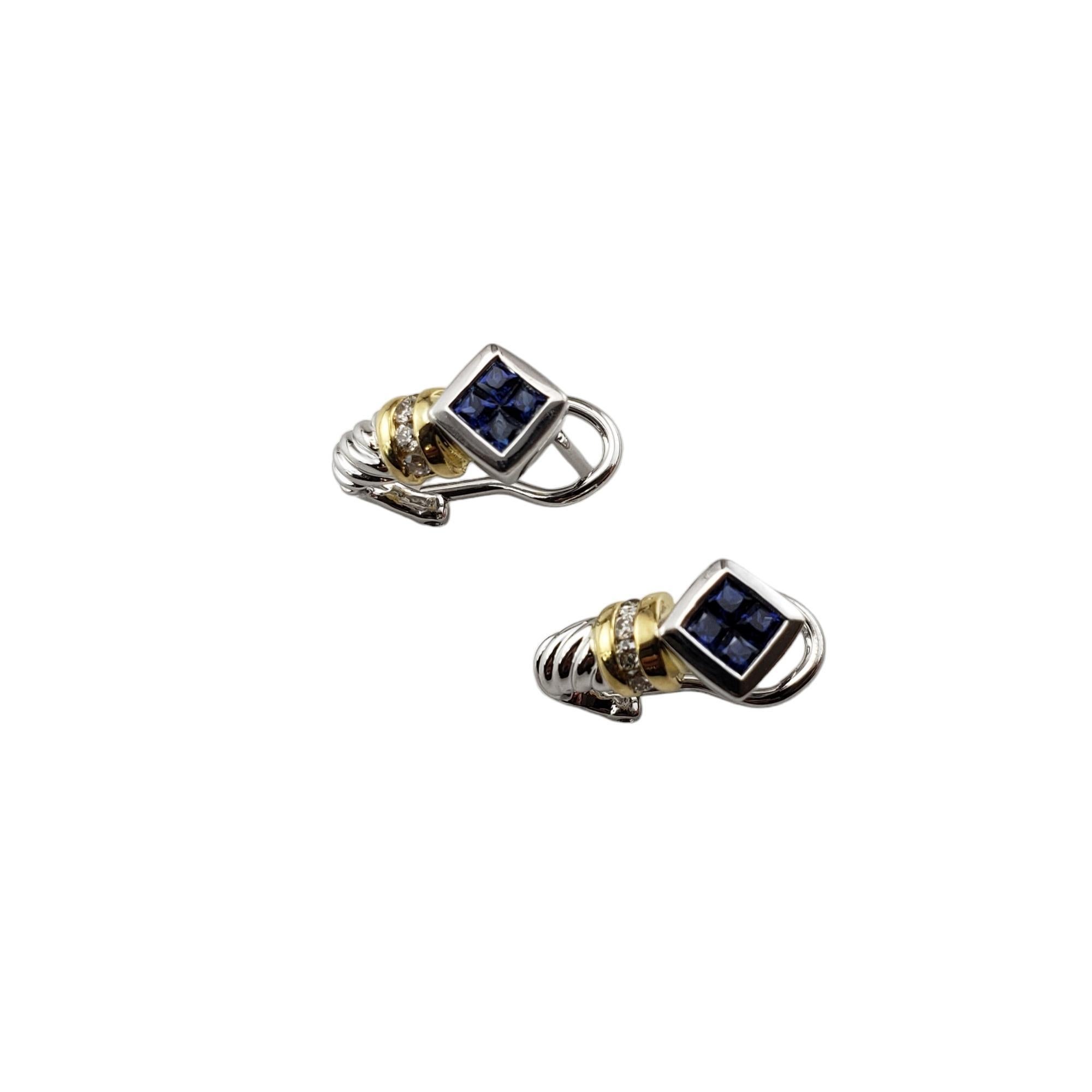 Vintage 18K White and Yellow Gold Sapphire and Diamond Earrings JAGi Certified-

These elegant earrings each features four square cut sapphires and four round brilliant cut diamonds set in 18K yellow and white gold.  Omega back closures.

Total