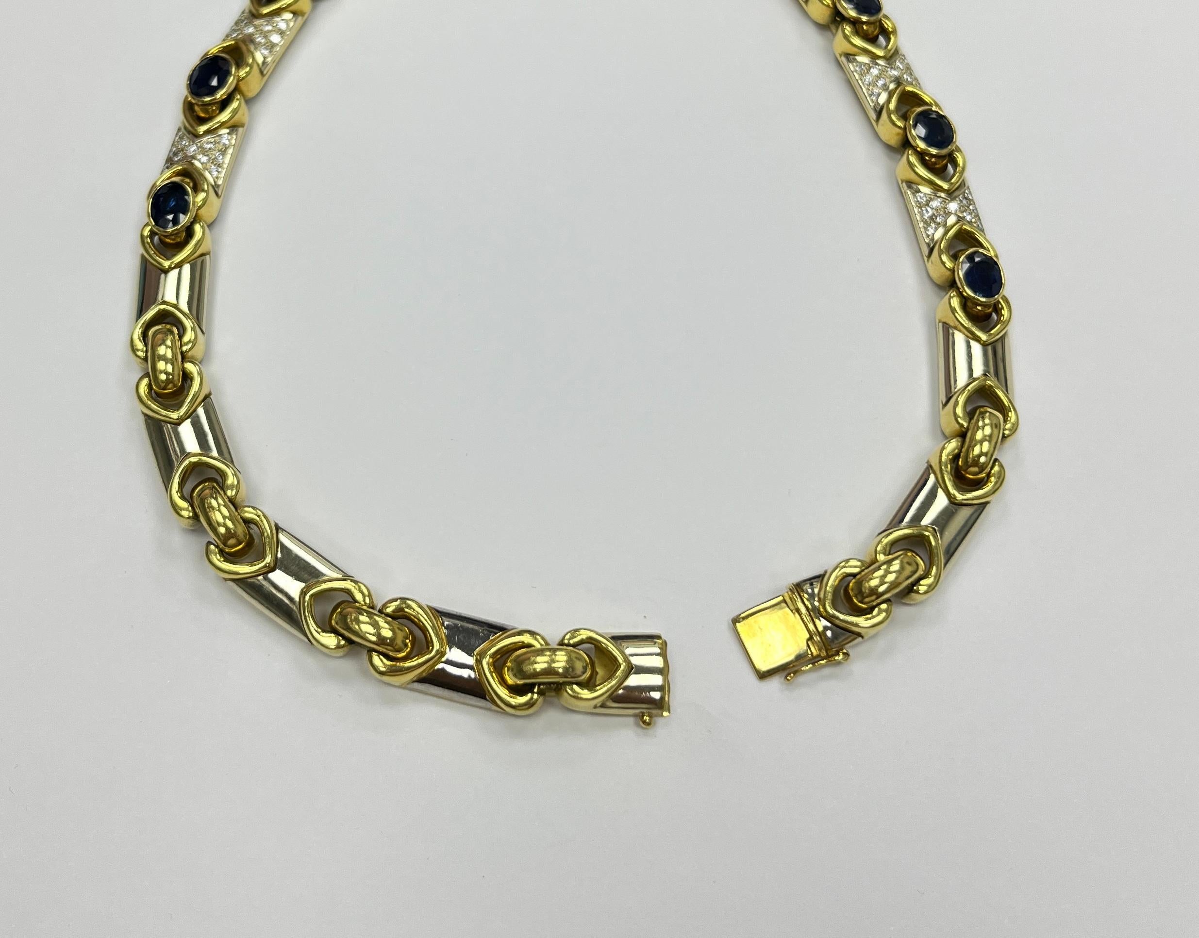 Modern 18K Two Tone Gold Sapphire and Diamond Necklace