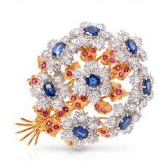18k Two Tone Gold Sapphire, Diamond & Ruby Bouquet Brooch