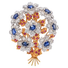 18k Two Tone Gold Sapphire, Diamond & Ruby Bouquet Brooch