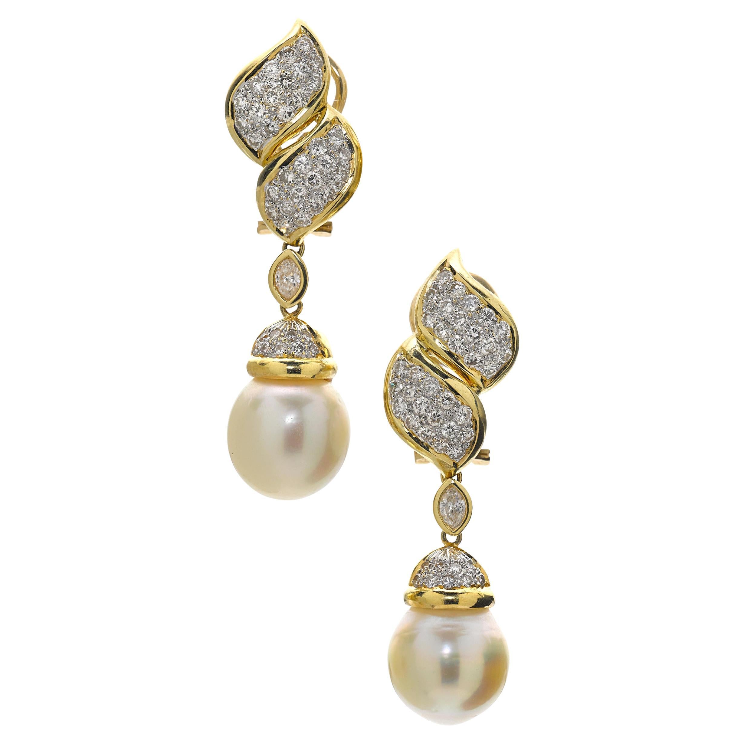 18k Two-Tone Gold & South Sea Cultured Pearl Dangle Earrings w/ 2.25ct Diamonds For Sale