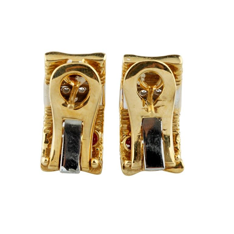 Women's 18k Two-Tone Gold Textured Huggie Earrings with Diamond Band Gorgeous! For Sale