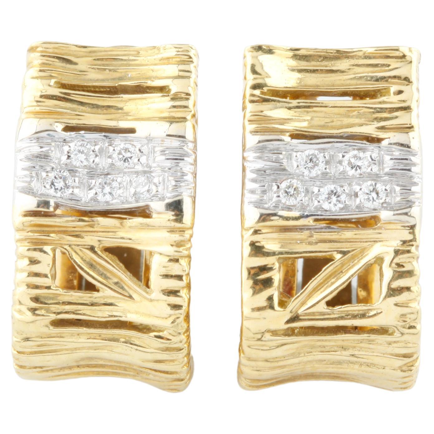 18k Two-Tone Gold Textured Huggie Earrings with Diamond Band Gorgeous! For Sale