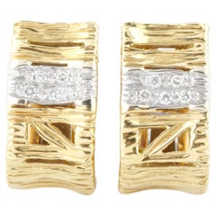 18k Two-Tone Gold Textured Huggie Earrings with Diamond Band Gorgeous!