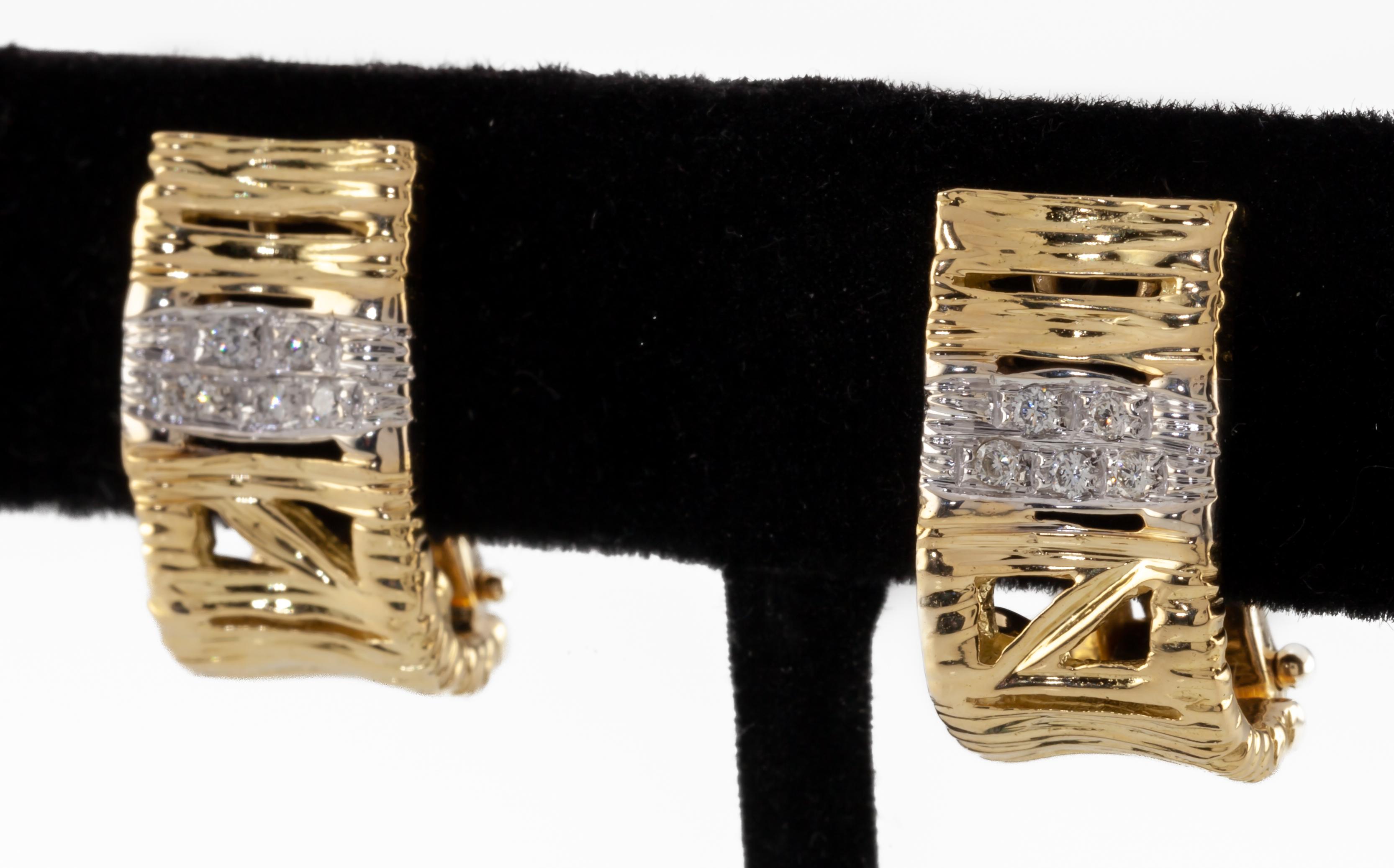 18k Two-Tone Gold Textured Huggie Earrings with Diamond Band Gorgeous! For Sale 4