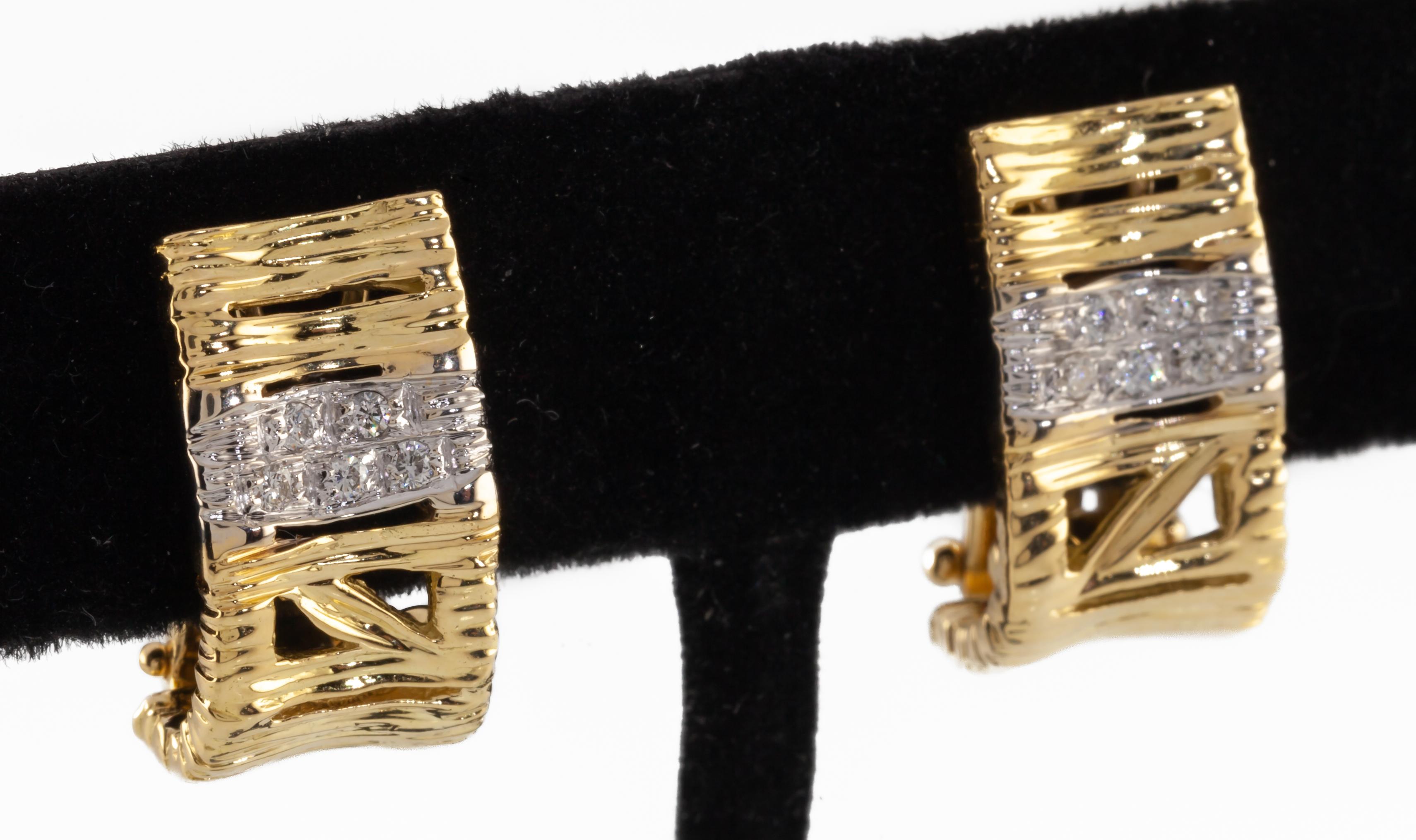 18k Two-Tone Gold Textured Huggie Earrings with Diamond Band Gorgeous! For Sale 5