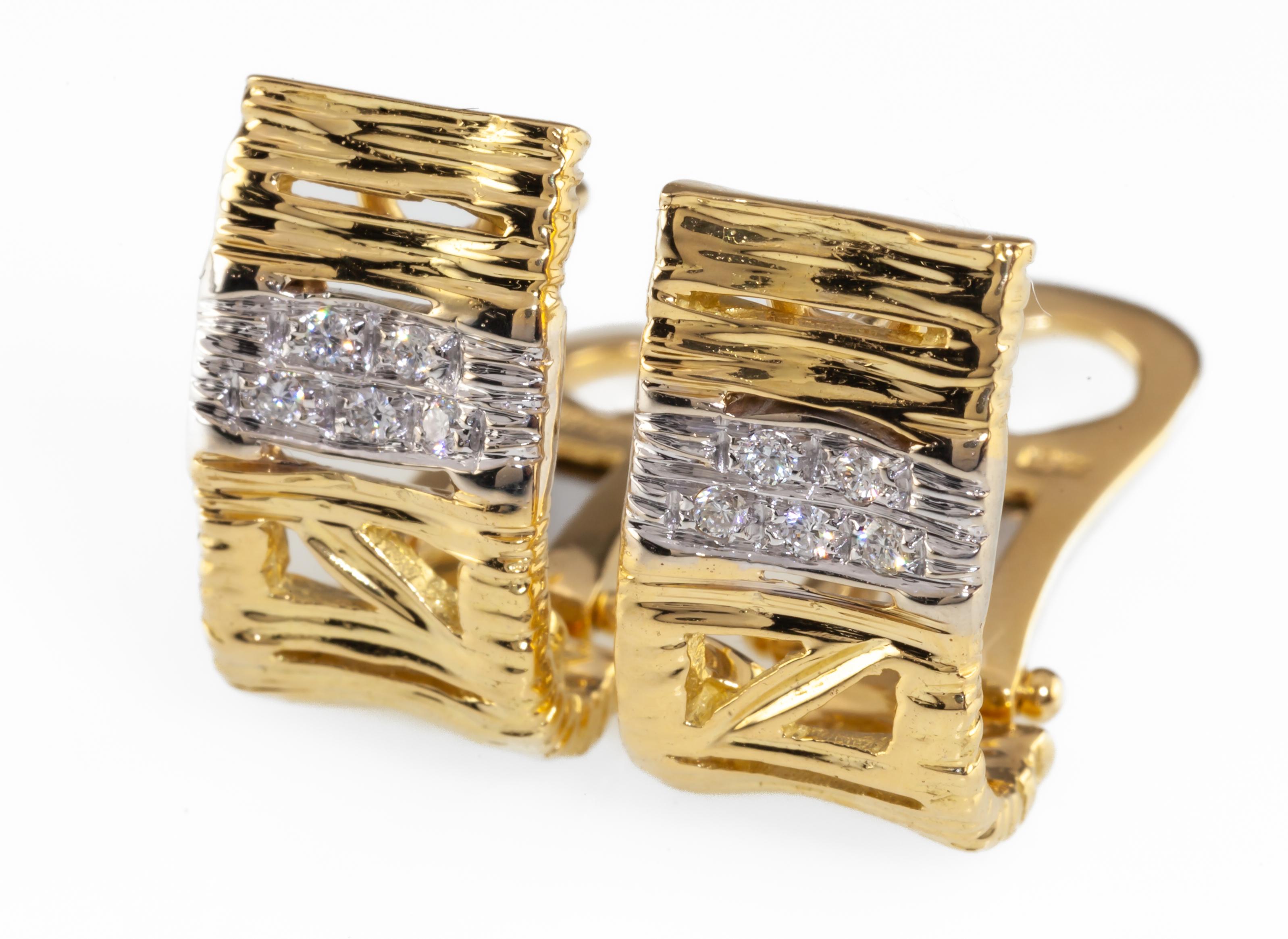 18k Two-Tone Gold Textured Huggie Earrings with Diamond Band Gorgeous! For Sale 1