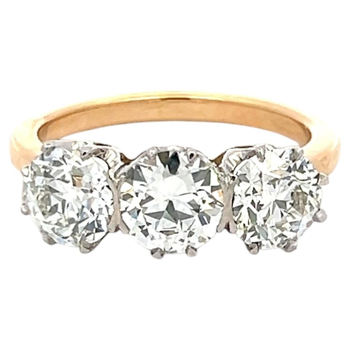18K Two Tone Gold Three-Stone Ring 3.02 Ct Circular & Old European Diamonds GIA
