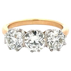 18K Two Tone Gold Three-Stone Ring 3.02 Ct Circular & Old European Diamonds GIA