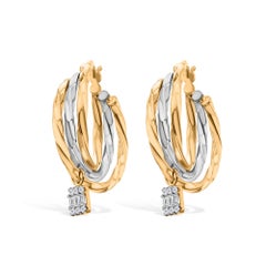 18K Two-Tone Gold Twisted Triple Hoop Earrings, 0.25 Ct Diamond Drops Fine Pair