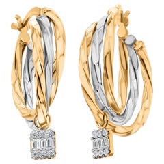 18K Two-Tone Gold Twisted Triple Hoop Earrings with Diamond Cluster Drops