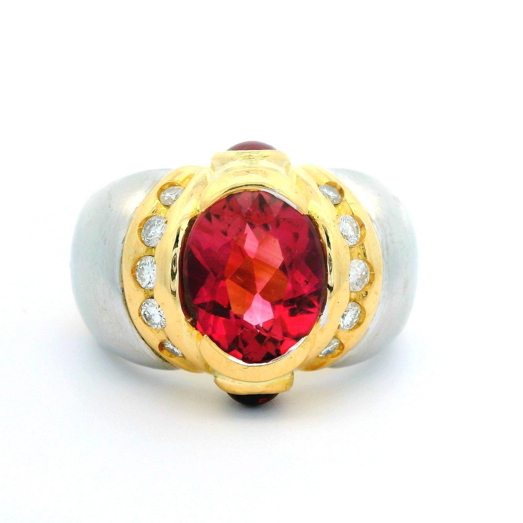 Anello pesante largo in oro 18k bicolore con tormalina rosa e diamante in vendita 6