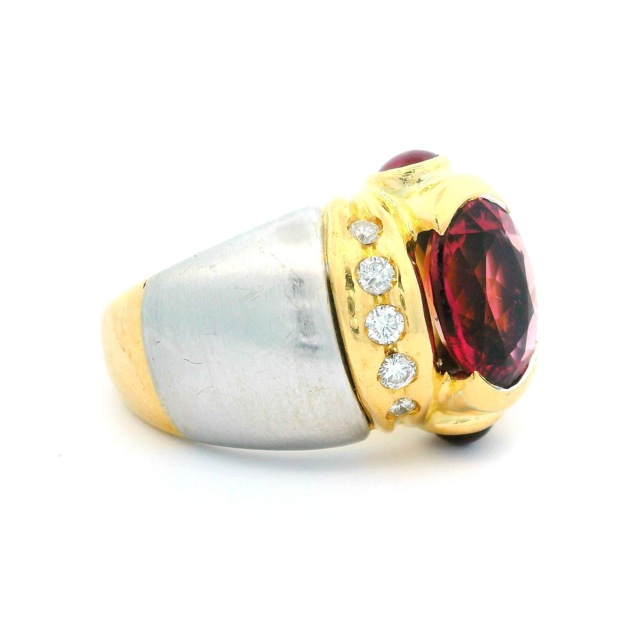 Anello pesante largo in oro 18k bicolore con tormalina rosa e diamante in vendita 2