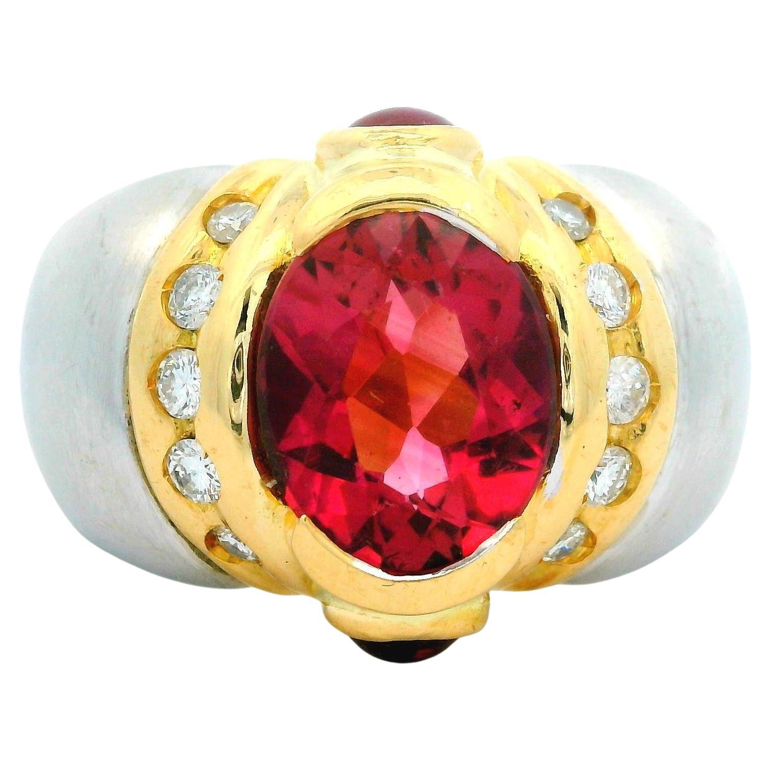 Anello pesante largo in oro 18k bicolore con tormalina rosa e diamante in vendita