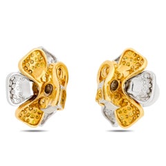 18K Two Tone Gold Yellow and White Diamond Floral Pearl Earrings