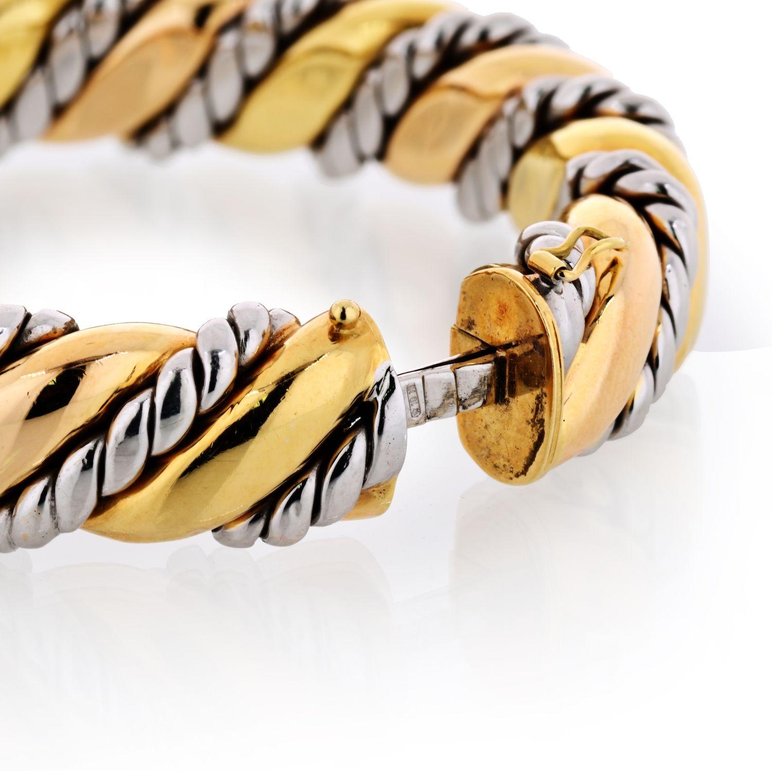 Modern 18 Karat Two-Tone Hinged and Textured Bangle Bracelet