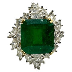 18k Two Tone Marquise Cut Diamond and Emerald Ring
