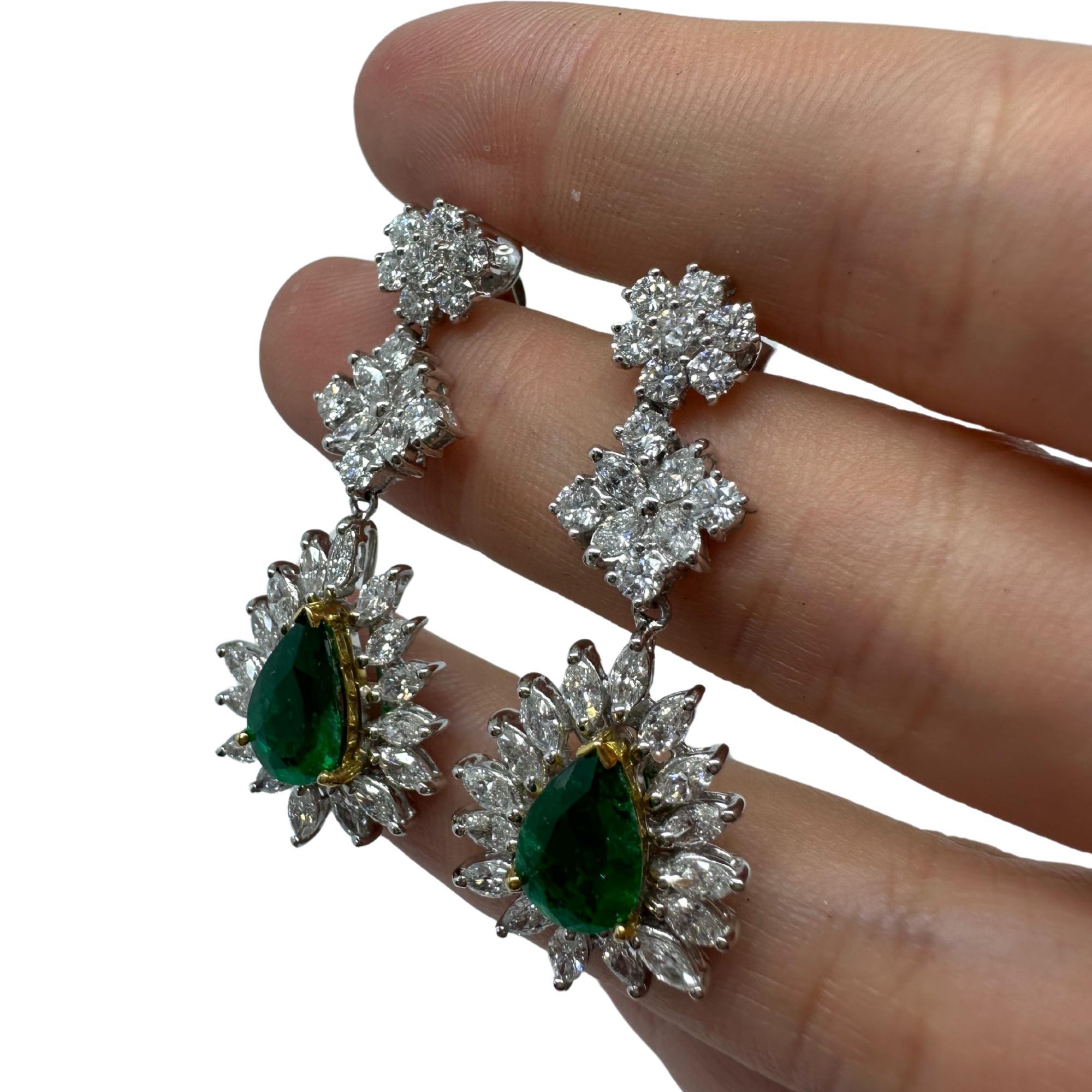 18K Two Tone Marquise Cut Diamond and Pear Cut Emerald Drop Earrings For Sale 6