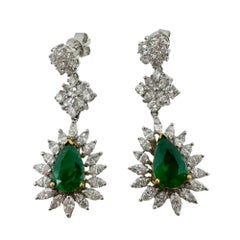 18K Two Tone Marquise Cut Diamond and Pear Cut Emerald Drop Earrings