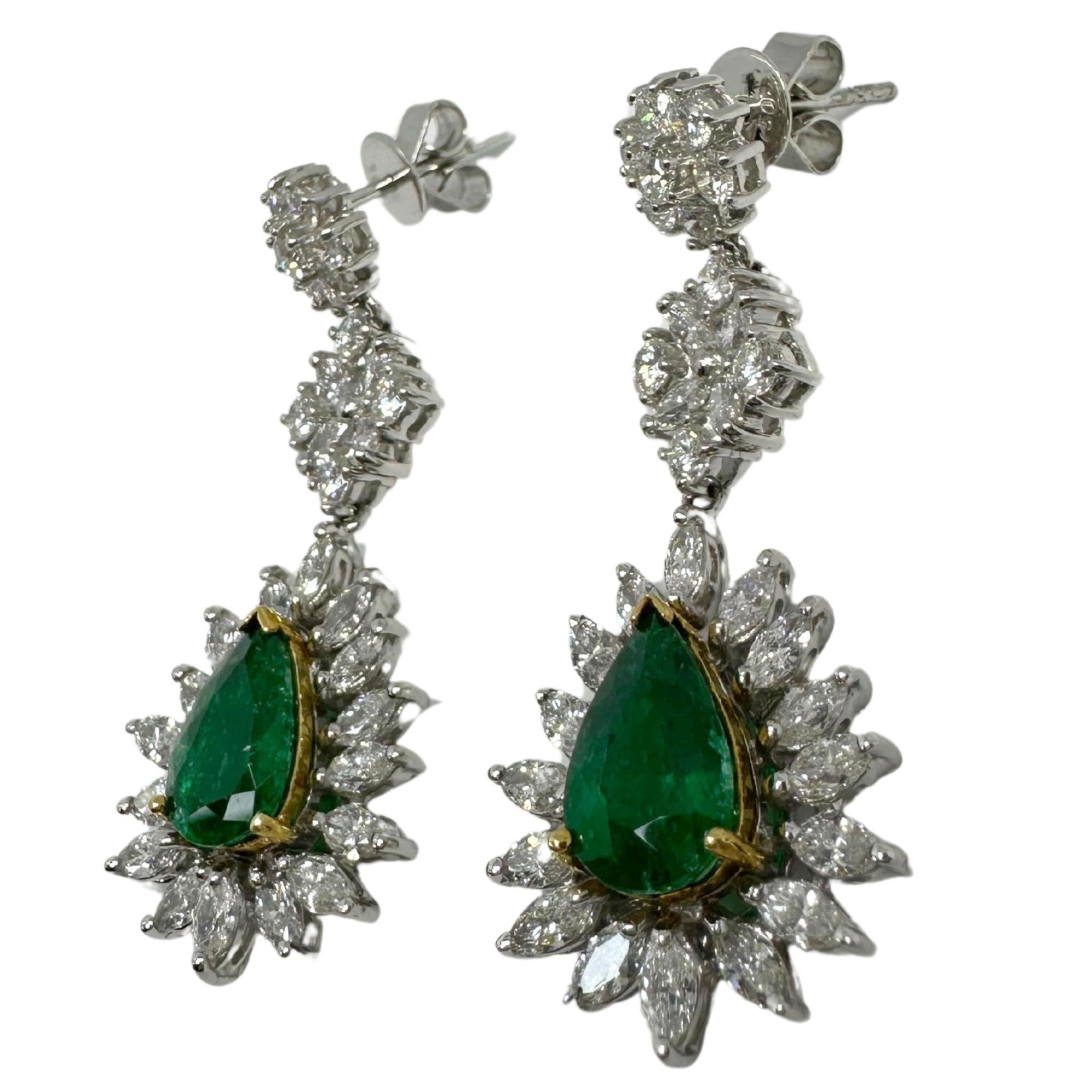 18K Two Tone Marquise Cut Diamond and Pear Cut Emerald Drop Earrings In Good Condition For Sale In New York, NY