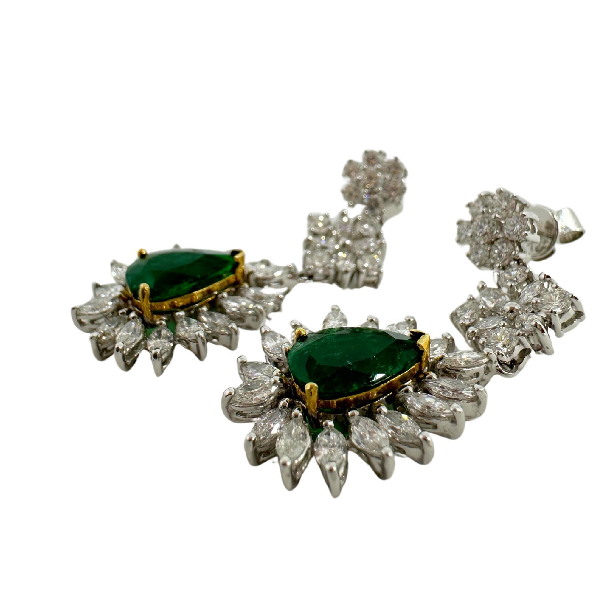 Women's 18K Two Tone Marquise Cut Diamond and Pear Cut Emerald Drop Earrings For Sale