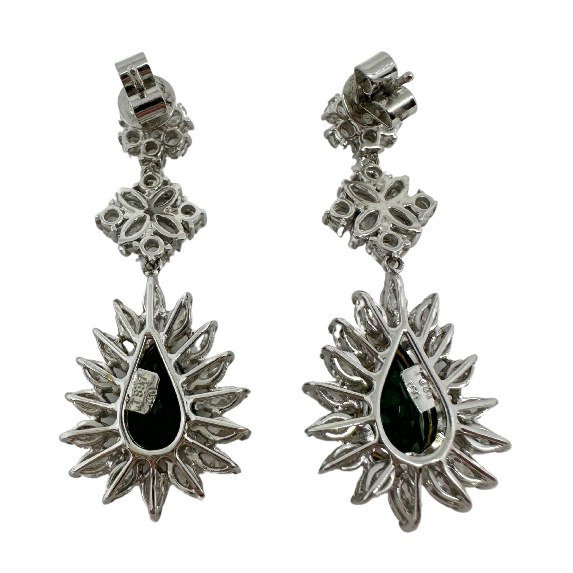 18K Two Tone Marquise Cut Diamond and Pear Cut Emerald Drop Earrings For Sale 1