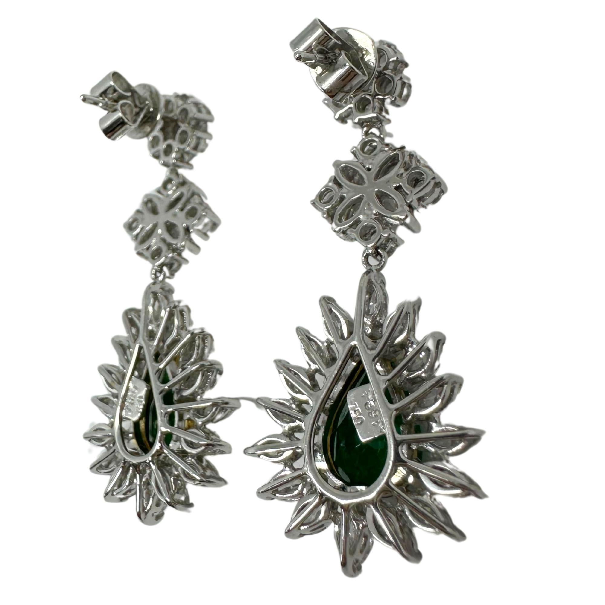 18K Two Tone Marquise Cut Diamond and Pear Cut Emerald Drop Earrings For Sale 2