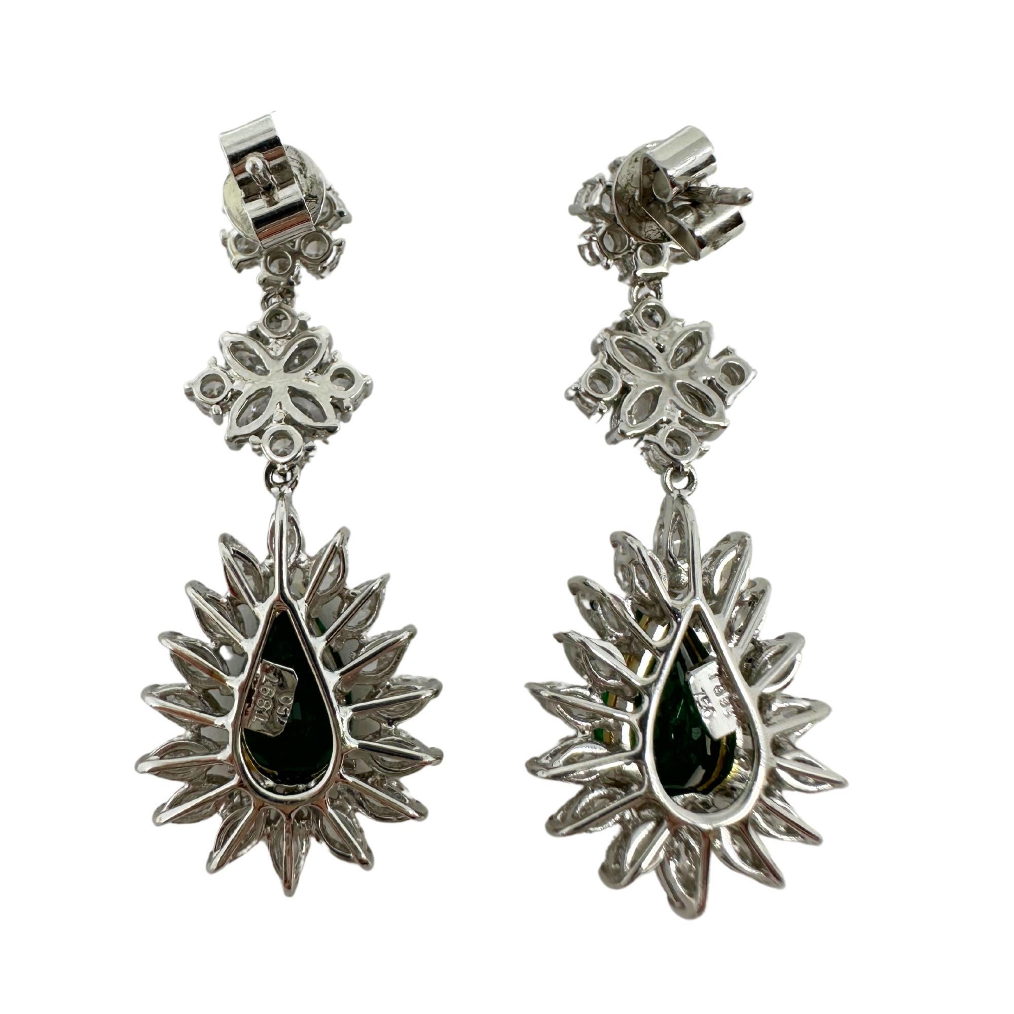 18K Two Tone Marquise Cut Diamond and Pear Cut Emerald Drop Earrings For Sale 3