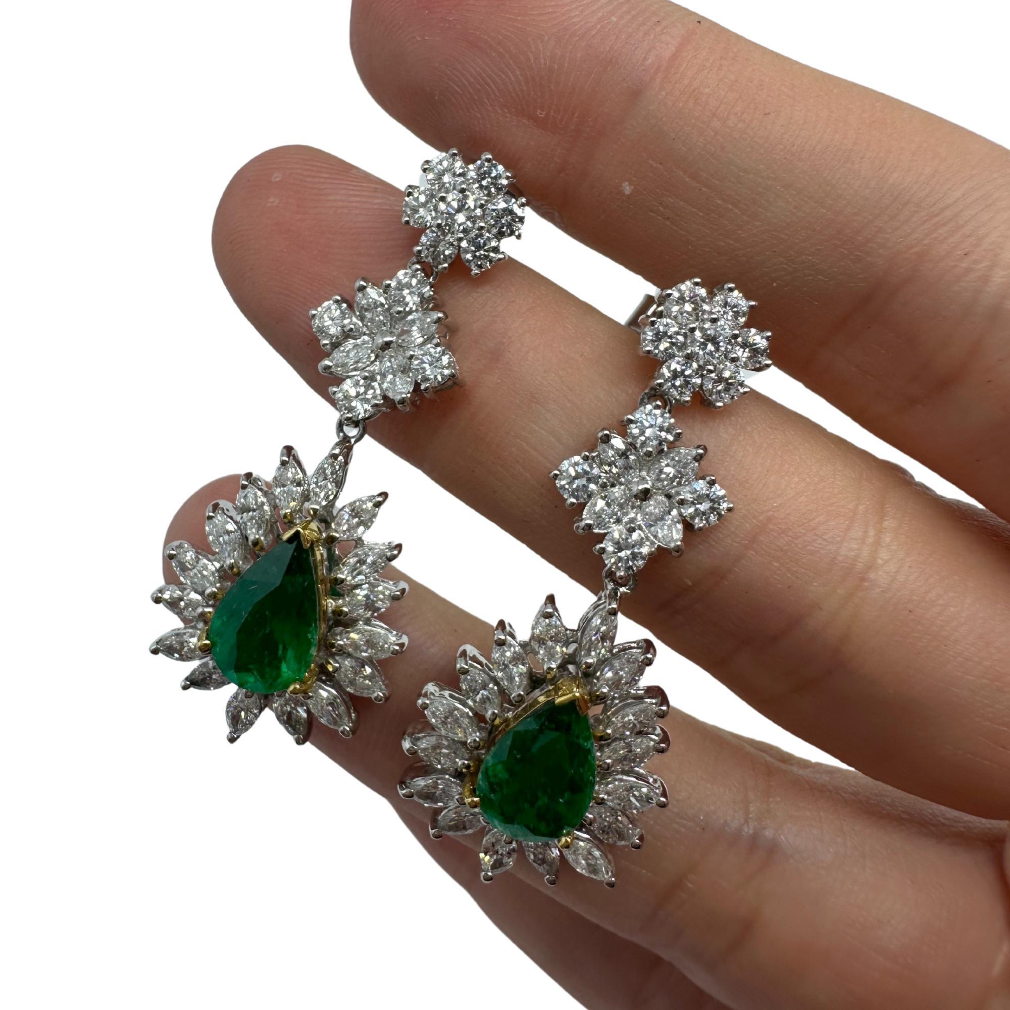 18K Two Tone Marquise Cut Diamond and Pear Cut Emerald Drop Earrings For Sale 4