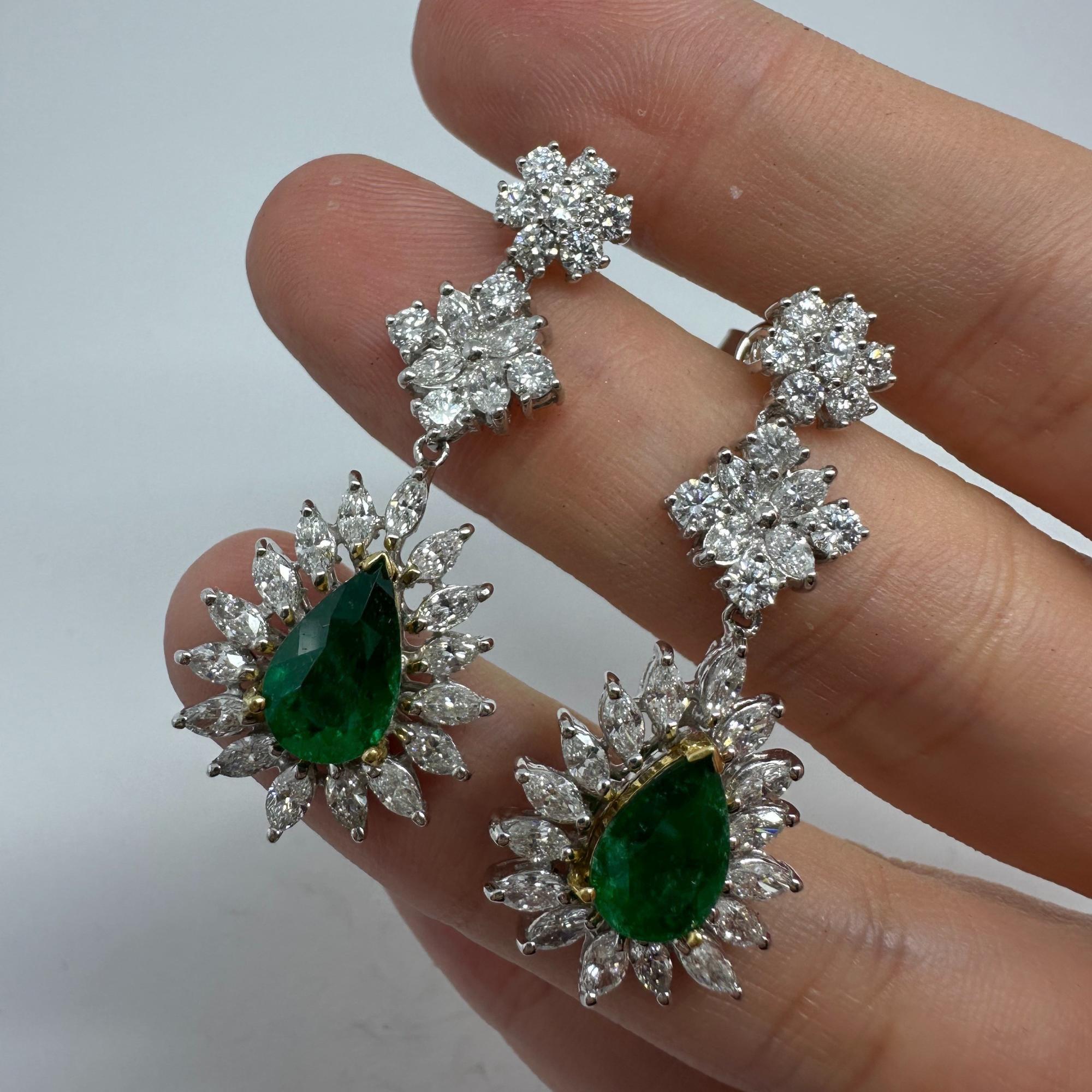 18K Two Tone Marquise Cut Diamond and Pear Cut Emerald Drop Earrings For Sale 5