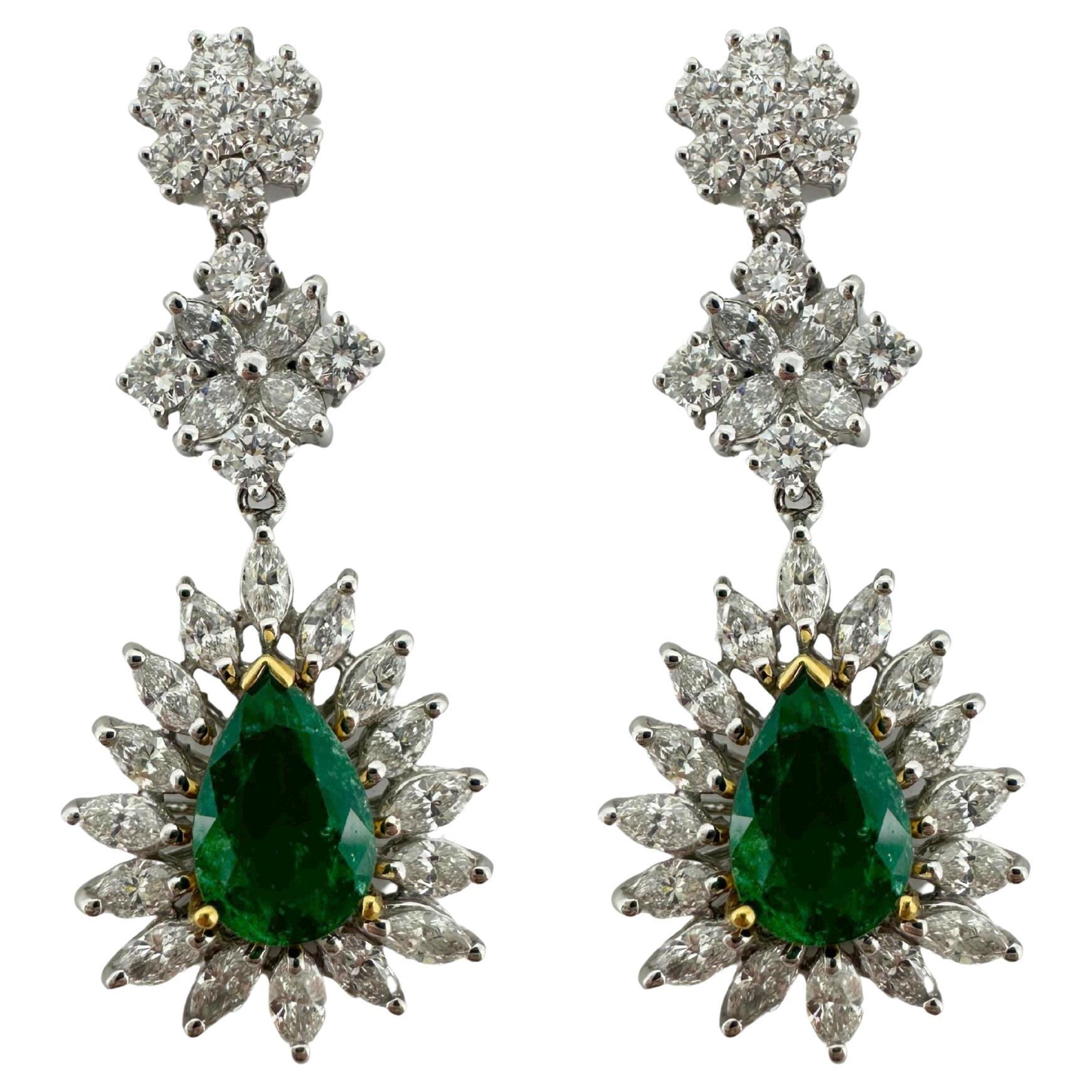 18K Two Tone Marquise Cut Diamond and Pear Cut Emerald Drop Earrings For Sale