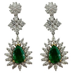 18K Two Tone Marquise Cut Diamond and Pear Cut Emerald Drop Earrings