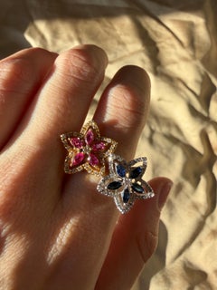 18K Two Tone Marquise Sapphire, Ruby and Diamond Bypass Floral Ring