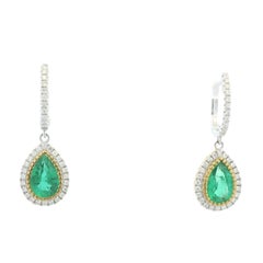 18K Two-Tone Natural Pear Shape Emerald & Diamond Halo Drop Earrings In Stock