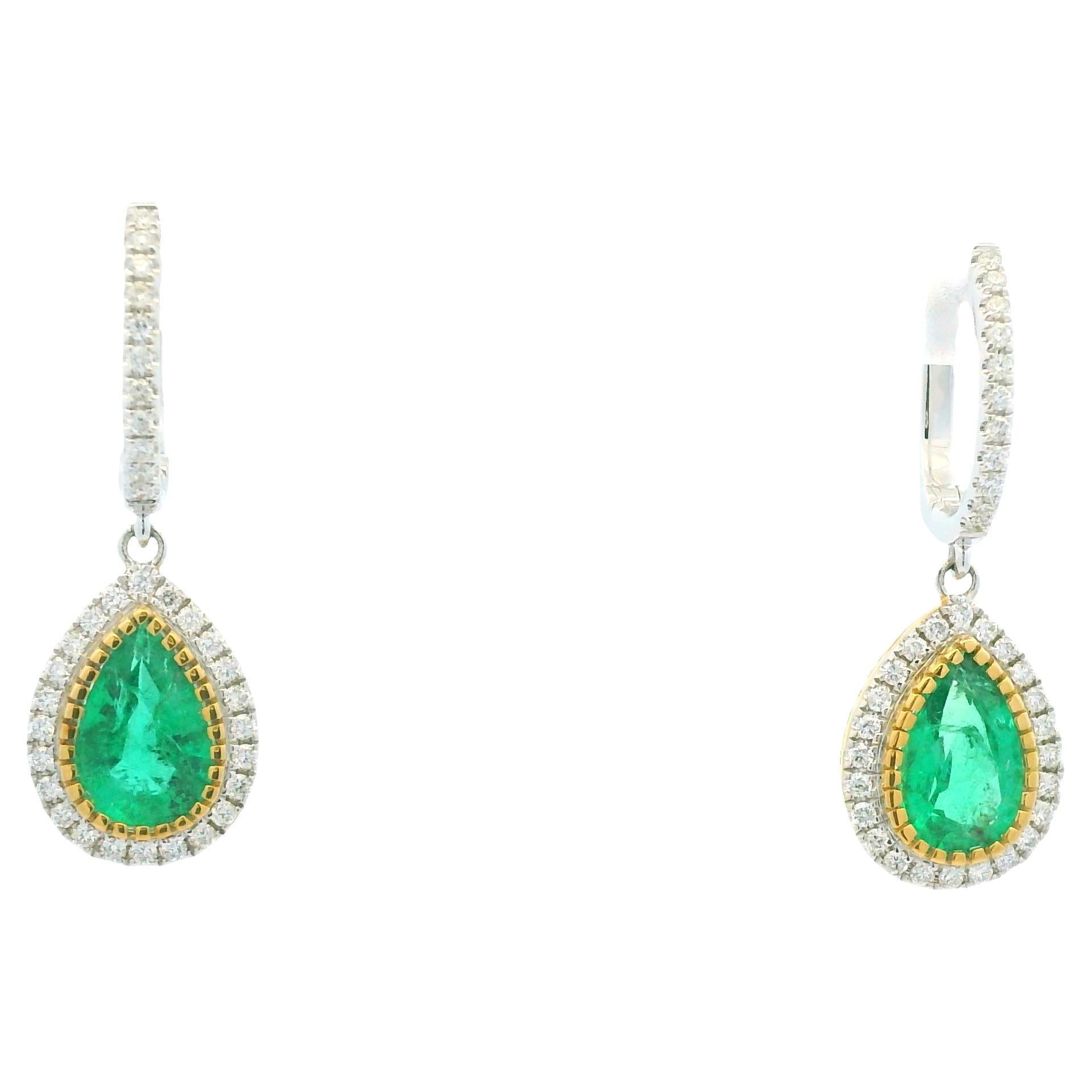 18K Two-Tone Natural Pear Shape Emerald & Diamond Halo Drop Earrings In Stock