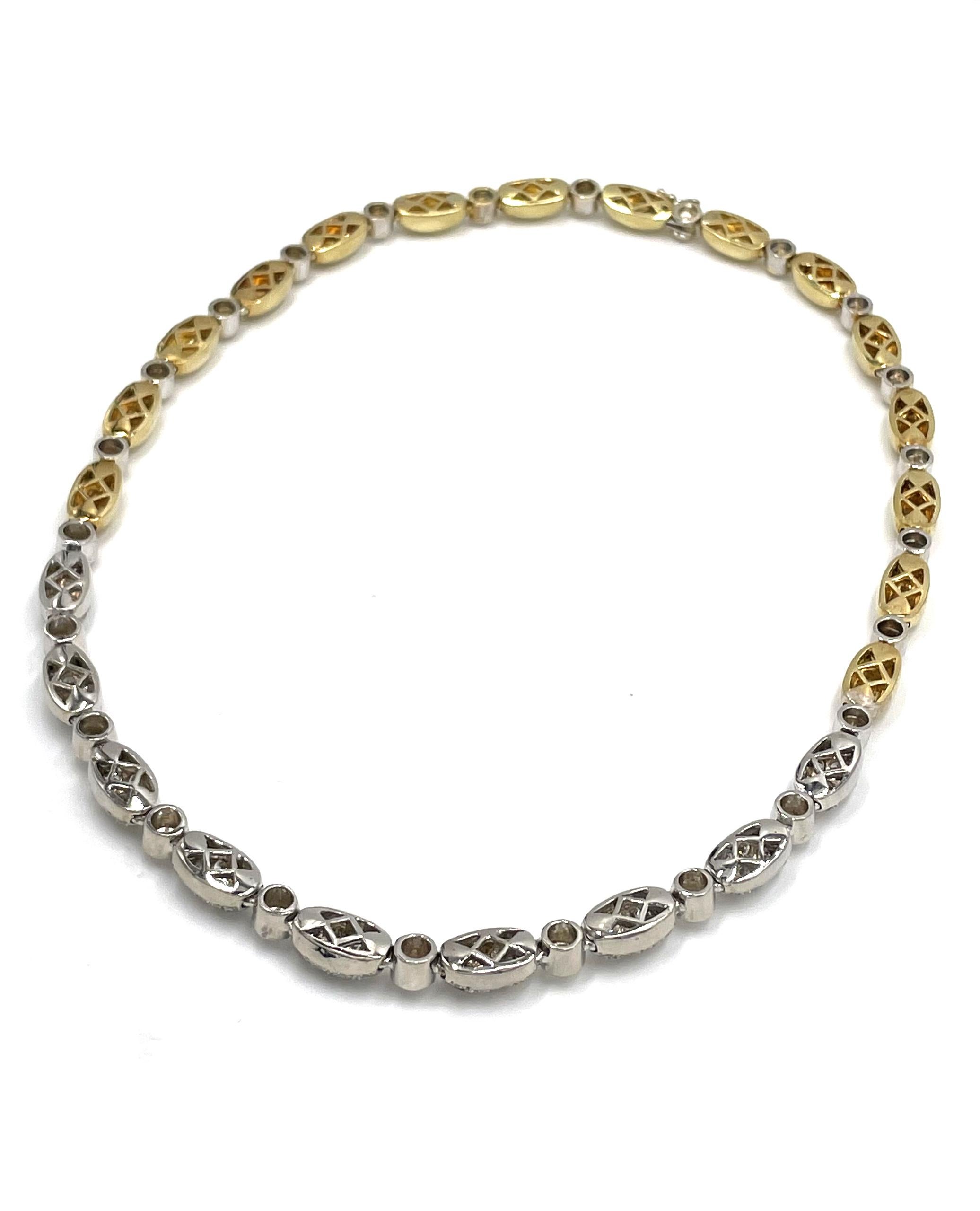 18K yellow and white gold necklace with 97 round brilliant-cut diamonds 16.97 carats.

- G/H color, VS2/SI1 clarity.
- Pave and bezel set 
- Circa 1996