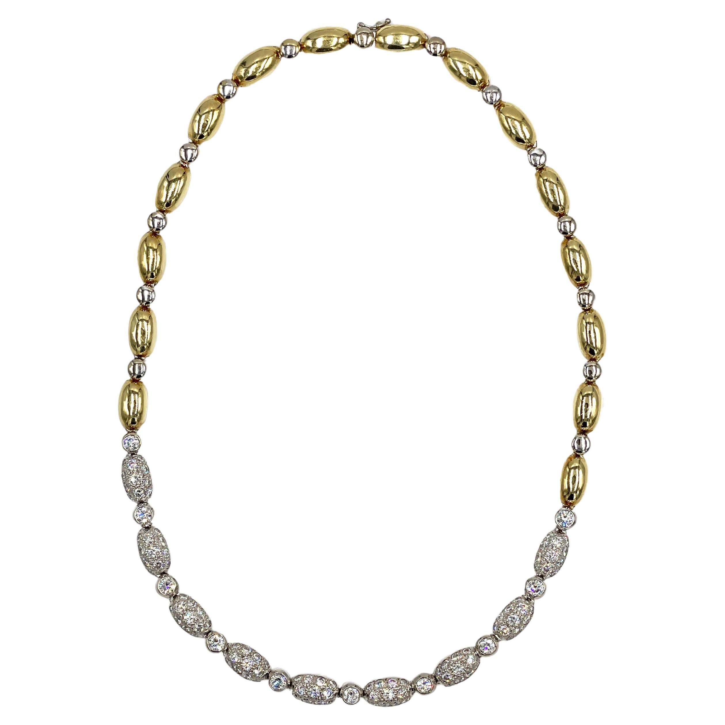 18K Two Tone Necklace with Pave and Bezel Set Diamonds For Sale