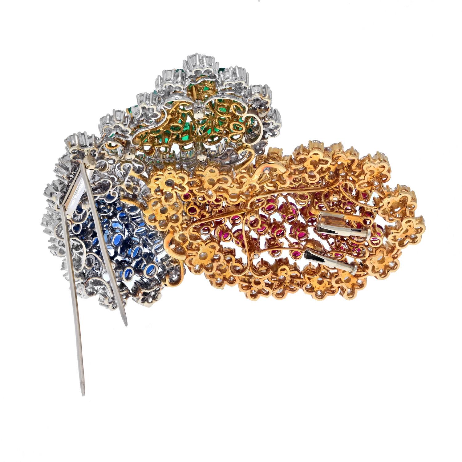 Retro 18K Two Tone Oversized Sapphire, Ruby, Emerald and Diamond Brooch For Sale