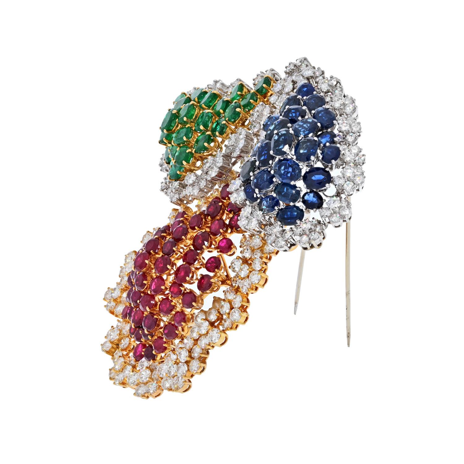 Round Cut 18K Two Tone Oversized Sapphire, Ruby, Emerald and Diamond Brooch For Sale