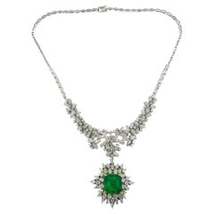 18K Two Tone Pear and Marquise Cut Diamond and Emerald Cut Emerald Necklace